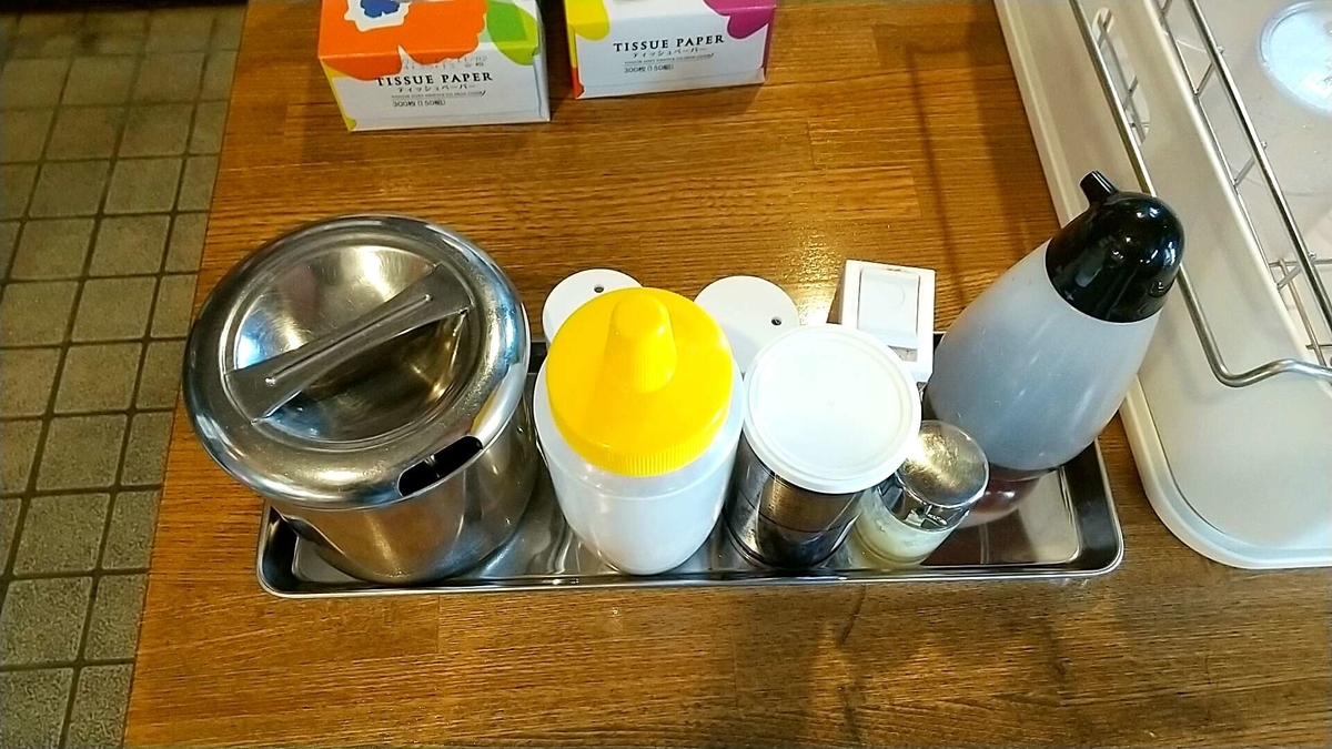 ラーメン男寿狼R13の調味料にはなく、セルフです。