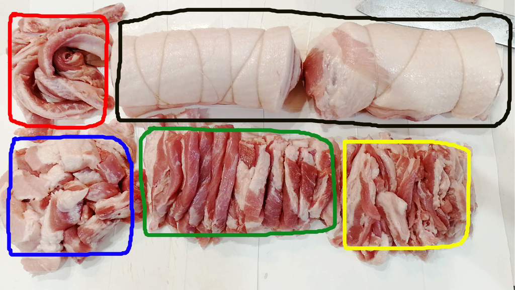 豚バラ肉を１枚まるごと買って捌く！部位によって食べ方が違います。