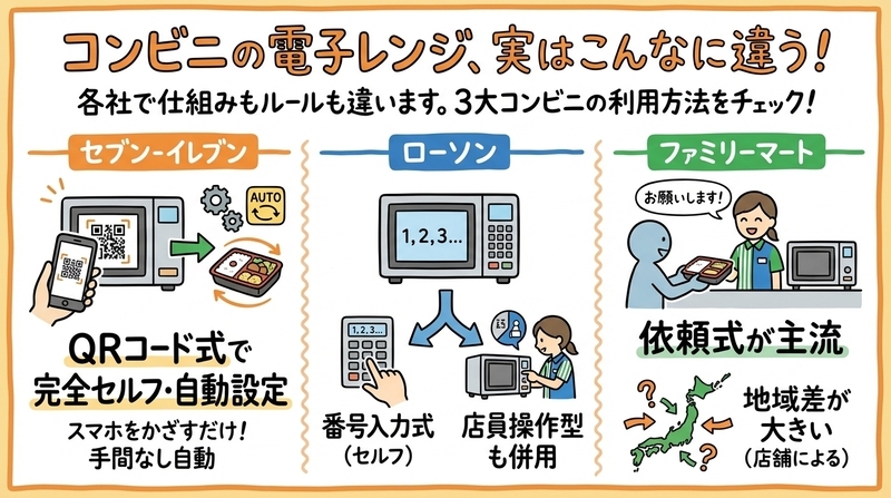 主要コンビニ3社の電子レンジ利用方法【セブン・ローソン・ファミマ】