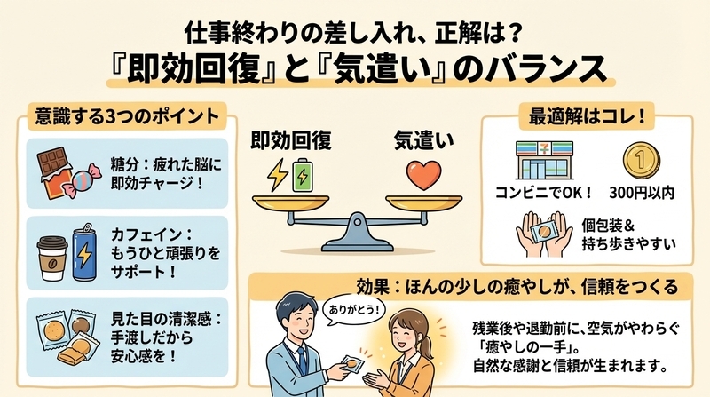 仕事終わりの差し入れ、正解は「即効×気遣い」コンボだった
