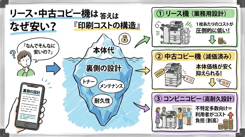 比較と仕組み｜なぜリースや中古コピー機が安くなるのか