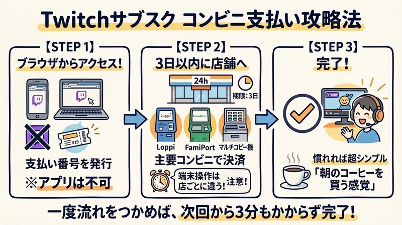 Twitchサブスクをコンビニで支払う手順【2026年最新版】