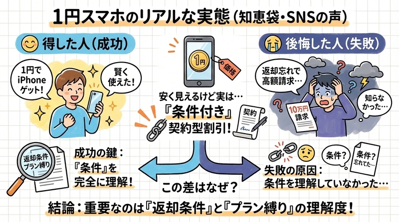スマホ1円は本当に得？知恵袋・SNSで語られるリアルな体験談