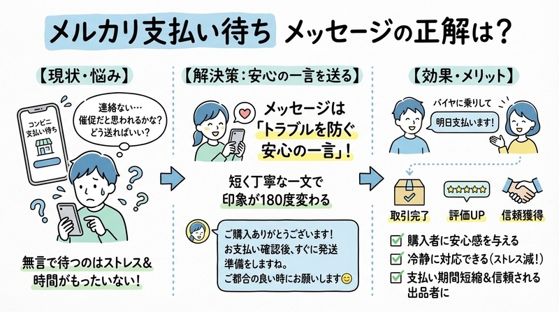 メルカリのコンビニ支払い待ちメッセージ例文｜トラブル防止策 - Beru