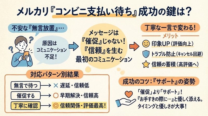 メルカリのコンビニ支払い待ちメッセージ例文｜トラブル防止策 - Beru