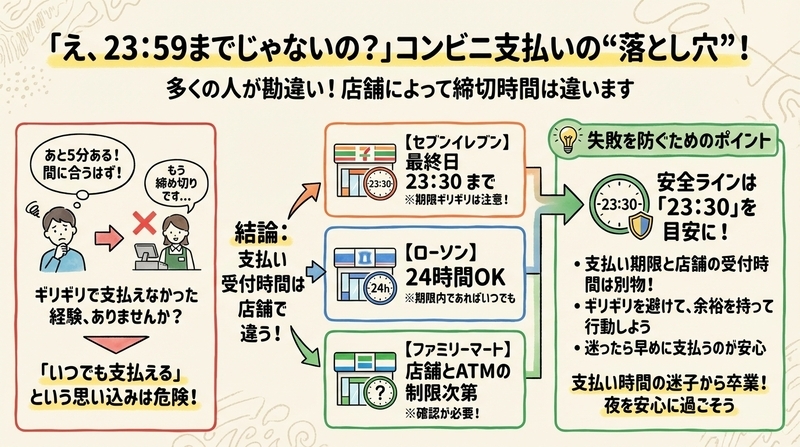コンビニ支払いは何時まで?大手3社の最新比較まとめ