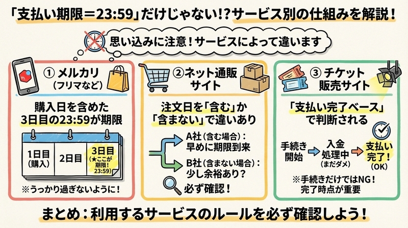 支払い期限の仕組みを理解しよう(メルカリ・通販・チケット)