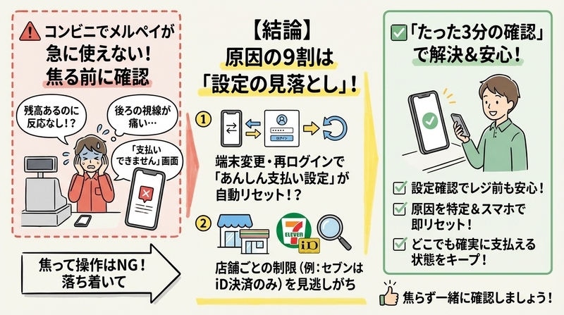 メルペイ残高あるのに使えない!コンビニ決済エラーの即解決法