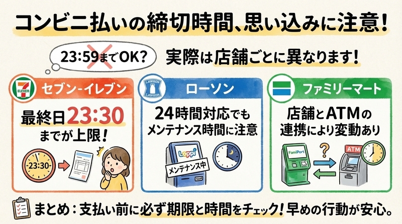 コンビニ支払いは何時まで可能?主要3社(セブン・ローソン・ファミマ)の比較