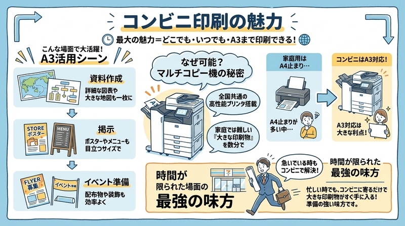 A3まで印刷できるコンビニの強みと便利な使い方