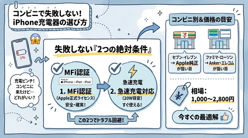 結論｜コンビニでiPhone充電器を買うなら「MFi認証×急速対応」を選ぶだけでOK