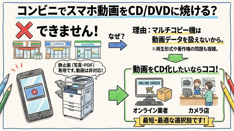 携帯の動画をCDに焼くことはコンビニでできる？