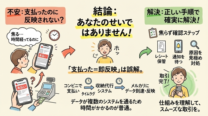 メルカリのコンビニ払いが反映されない？原因とすぐできる対処法