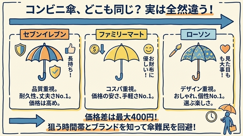 主要コンビニ3社の傘ラインナップと価格比較