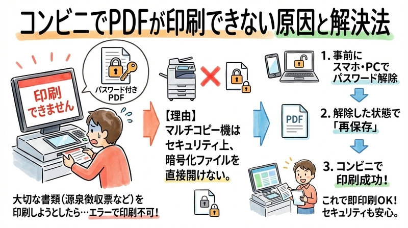 パスワード付きPDFはなぜコンビニで印刷できないのか？