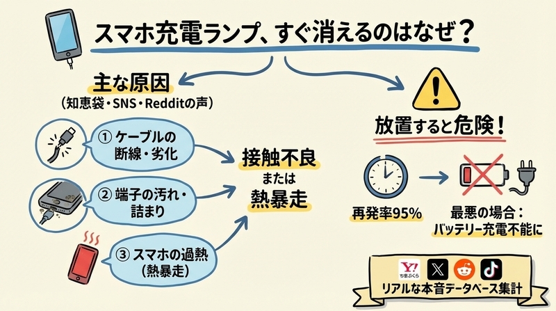 スマホ充電ランプがすぐ消えるのはなぜ？知恵袋・SNS・Redditの本音まとめ