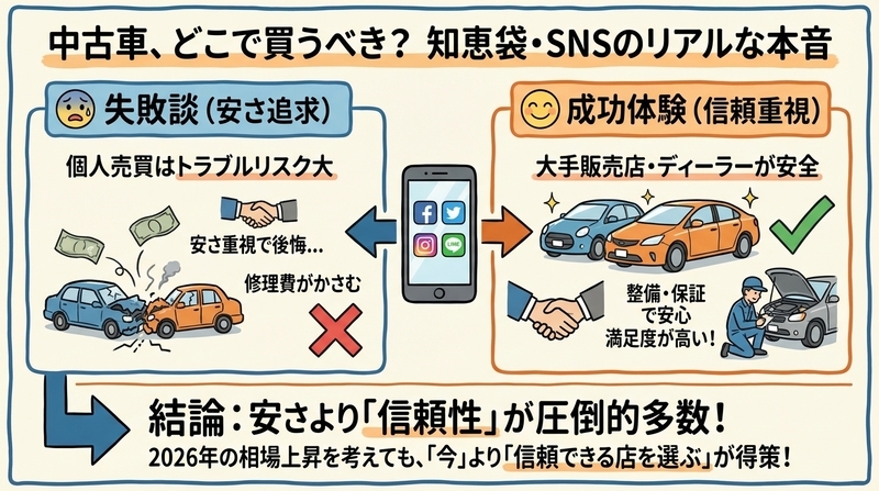 中古車はどこで買うべき？知恵袋・SNSで暴かれたリアルな本音まとめ