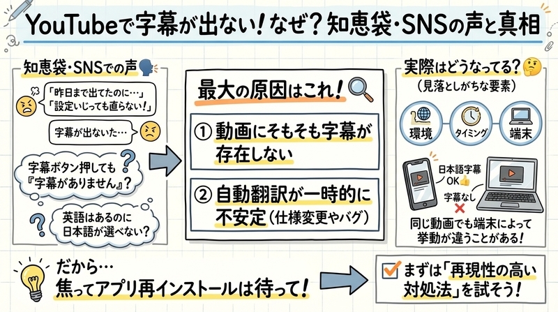 YouTube字幕が出ない原因、知恵袋やSNSで何が語られている？