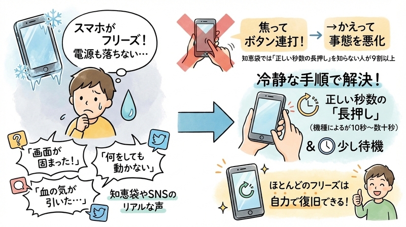 スマホがフリーズして電源が落とせない…知恵袋やSNSでのリアルな声