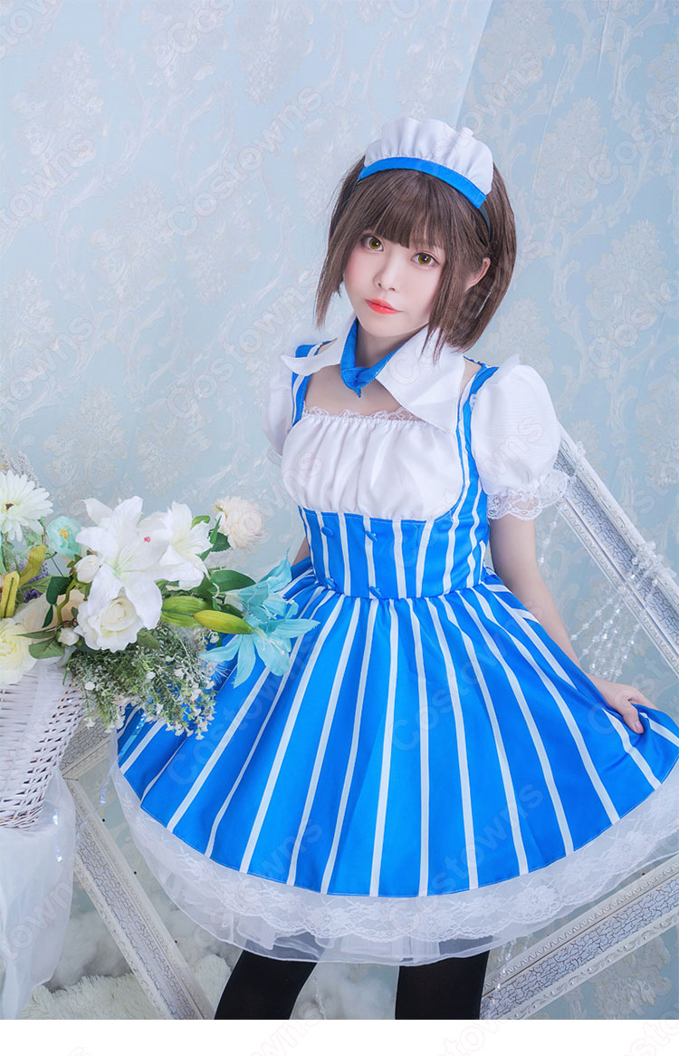 コスプレ　フリル　ロリータドレス 青と白のストライプ　かわいい コスプレ フリル ロリータドレス 青と白のストライプ かわいい