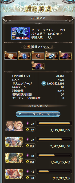 ルシゼロ討伐成功のバトル結果のスクリーンショット