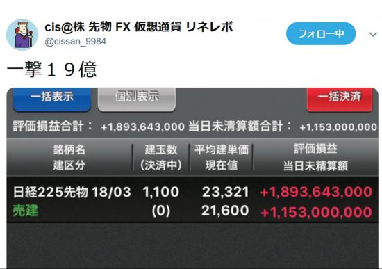 「一撃19億」というツイート
