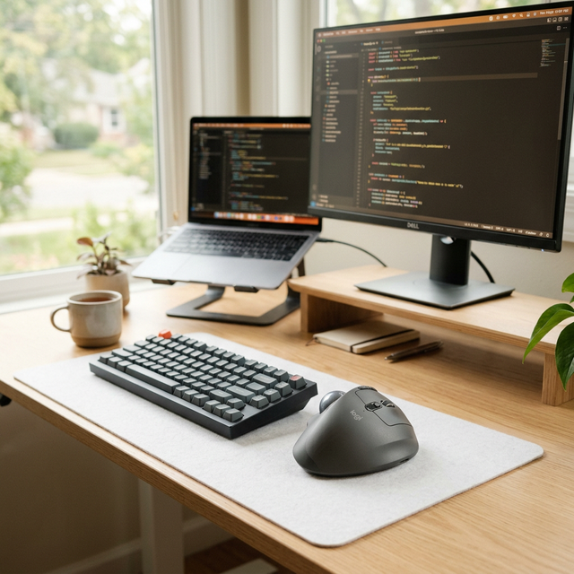白いデスクに置かれたトラックボールマウスとノートPC、明るいワークスペース
