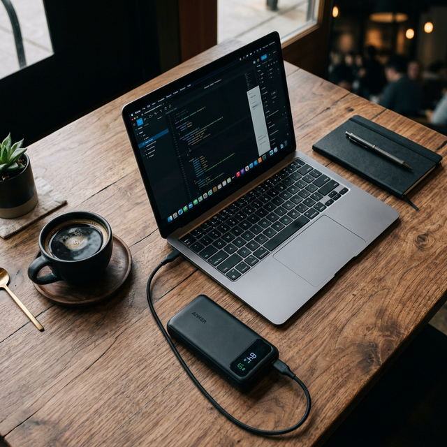 ノートPCに繋がれた黒いモバイルバッテリーとコーヒーが置かれたカフェのテーブル