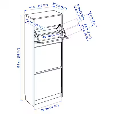 IKEA BISSA ビッサ3段下駄箱1個 BISSA ビッサ シューズボックス3段, ホワイト, 49x28x135 cm - IKEA