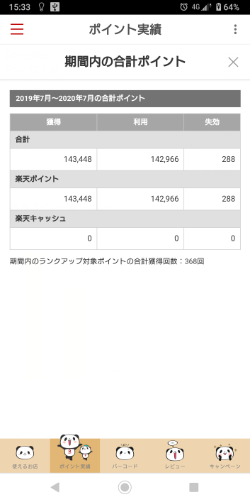 楽天ポイント 獲得履歴