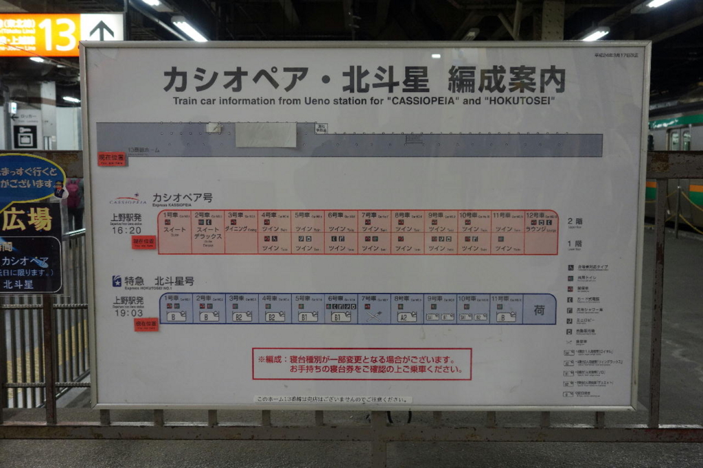 上野駅１３番線に設置されるカシオペア・北斗星編成案内