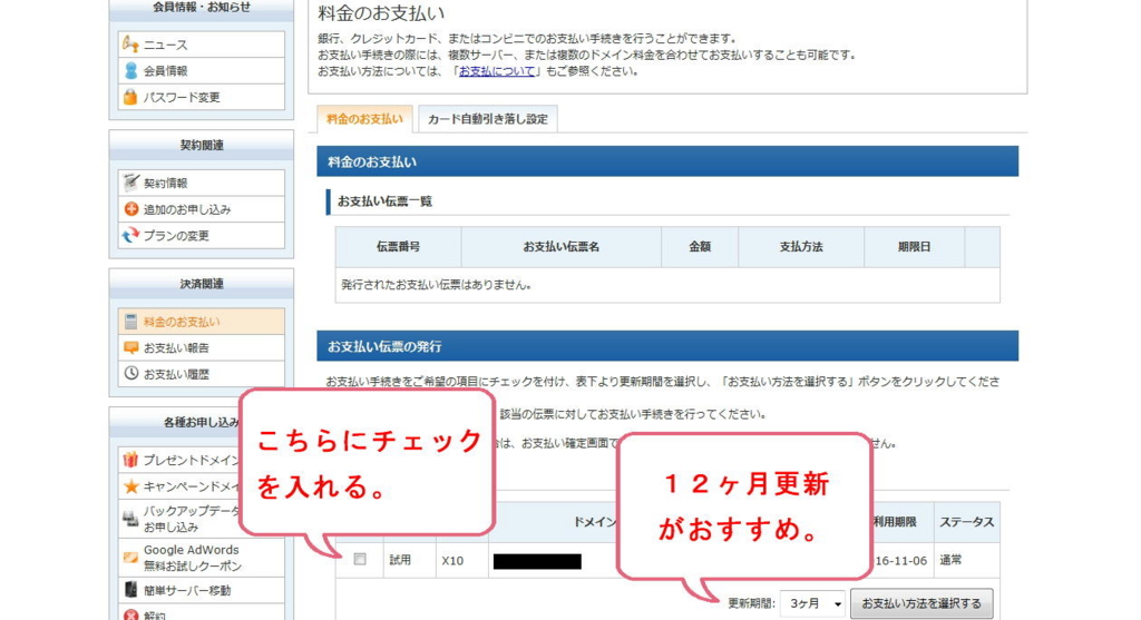 エックスサーバー株式会社のお支払いに関する更新期間選択画面