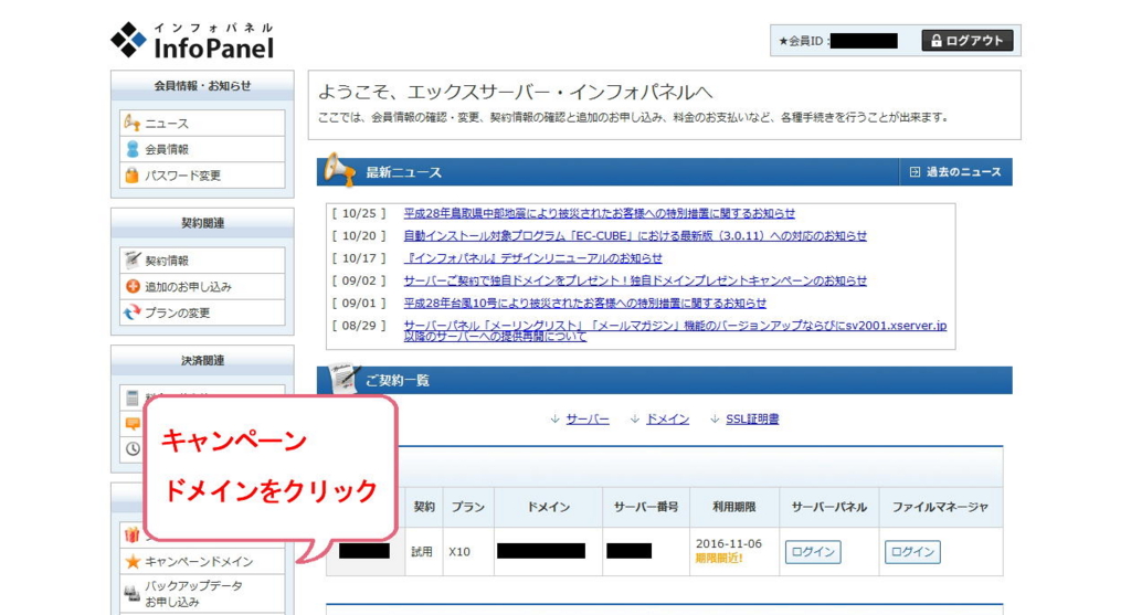 エックスサーバー株式会社のインフォパネル画面（キャンペーンドメイン表示）