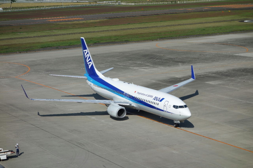 仙台国際空港の屋上展望デッキから見る駐機場（到着したANA機）