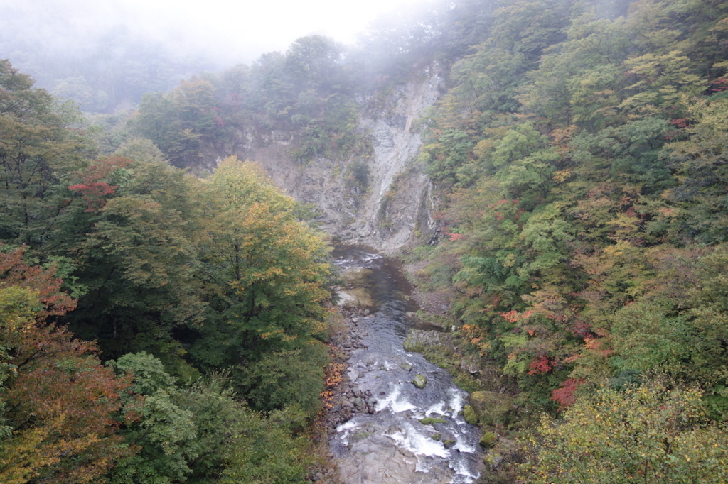 秋保大滝滝壺への道（不動滝橋上から見る秋保温泉方面）