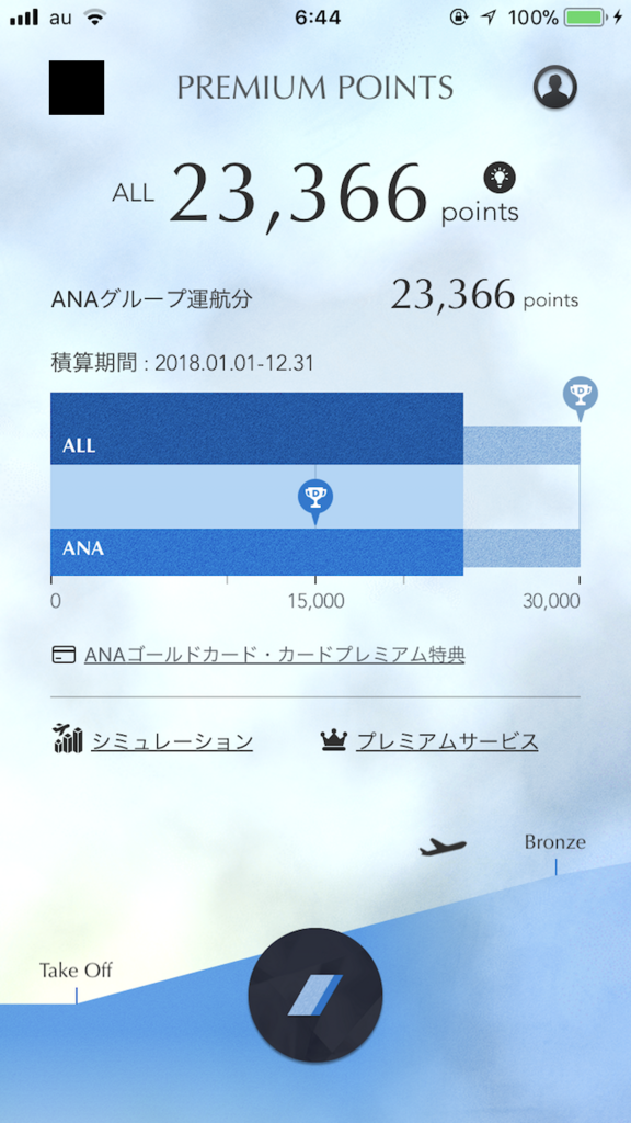 ANAのMileageアプリ画面（SFC修行第四回目）