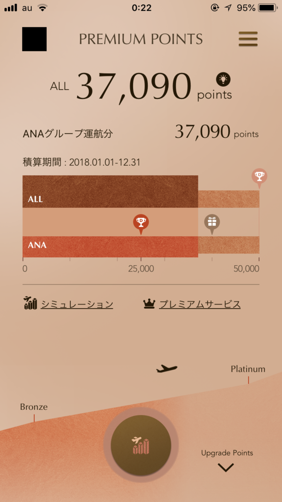 ANAのMileageアプリ画面ブロンズ色（SFC修行第六回目）