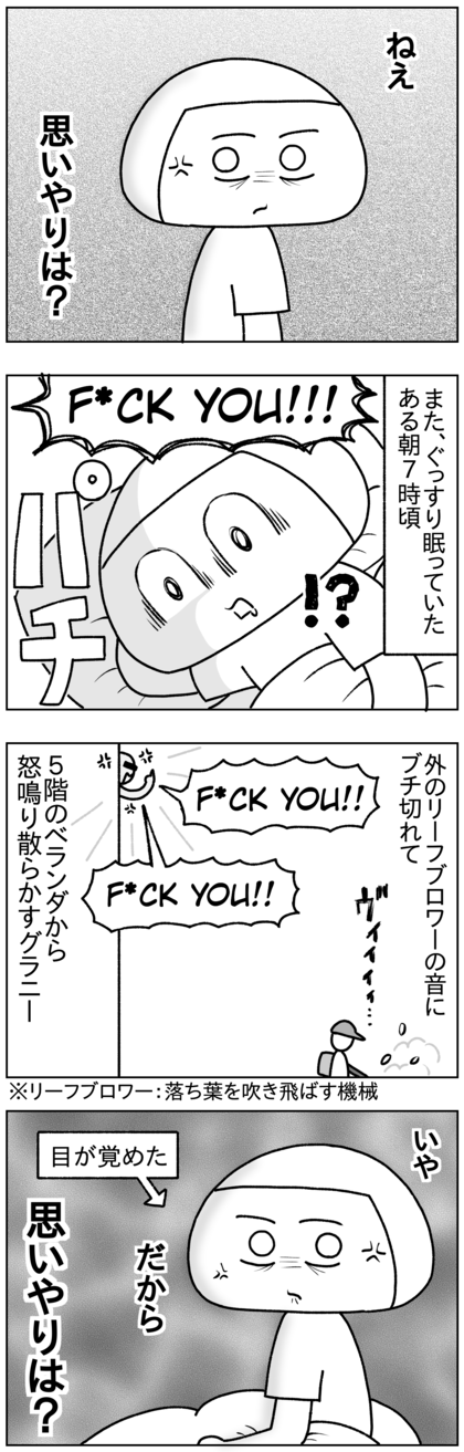 お前の言う思いやりはどうした？また、ぐっすり眠っていたある朝7時ごろグラニーが朝からマンションの前の道で仕事しているリーフブロワー（Leaf Blower）に向かってfuck youと何度も怒鳴りつける罵声で目が覚めた。こっちはリーフブロワーの音など気にならずぐっすり寝てたのにグラニーの怒鳴り声で起こされたんだが、お前が大事にしている思いやりはマジでどこいった？