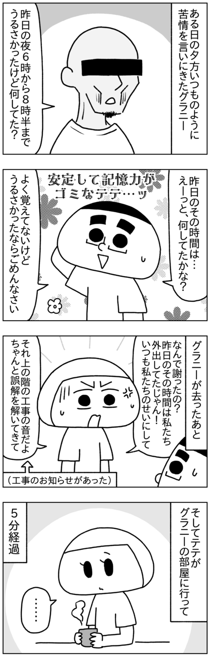 ある日の夕方ごろまたいつものように音に対する苦情を言いにきたグラニー。昨日の夜6時から8時半までうるさかったと文句を言いにきたが、その時間何をしていたか覚えてない記憶力がゴミのテテは、めんどくさいのでとりあえず謝った。それを聞いた私は激怒し、昨日のその時間私たちは出かけていたし、前日のその時間は上の階が工事をしていた（郵便受けにその時間工事するので音がしますとお知らせが入っていた）のでとんだ濡れ衣で、もう全部の音をうちのせいにすることにウンザリしていたので、ちゃんと誤解を解いてこいとテテをグラニーの部屋に送り出した