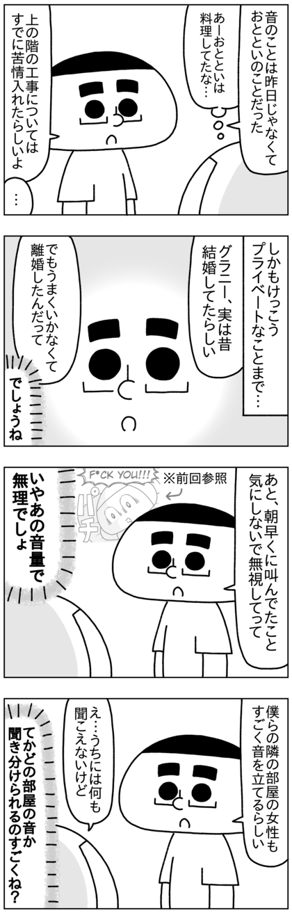 結局グラニーの文句を言っていた音は2日前の話で、おとといのその時間は私たちが料理をしていた時間だった。上の階の人にもすでに工事のことで苦情を入れたらしい。さらに昔結婚していたがうまくいかず離婚した（でしょうね）というかなりプライベートな話まで聞いたらしい。そして朝leaf blowerに向かってfuck youと叫んでいたことを気にしないで無視していいからと言われたらしいが、あの音量で無視とか無理でしょ。私たちの隣の部屋の女性もよく音を立ててうるさいと文句を言っていた（隣にいる私たちには全く何も聞こえない）。ていうかどの部屋の音か聞き分けられるのすごくね？上の階の人の音なんて聞こえたことないけど