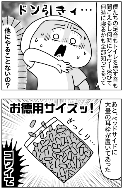 私たちの足音もトイレを流す音も聞こえるし、私たちがシャワーを浴びる時間も寝る時間もぜんぶ知っていると言われたらしく、ドン引き。他にやることないの？極め付けはベッドサイドに耳栓が大量にあったらしく、ゾッとした