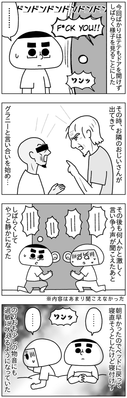今回ばかりはテテもヤバそうだと思ったのか、ドアは開けず様子を見ていた。その時、お隣に住む一人暮らしのおじいさんが出てきて朝から迷惑だとグラニーを叱り、言い合いを始めた。その後も何人かと言い合いをしている声が聞こえて、しばらくしてからやっと静かになった。のりおは音にすっかり敏感になってちょっとした音に吠えるようになり、私たちも目が覚めて寝直そうにも寝られなかった