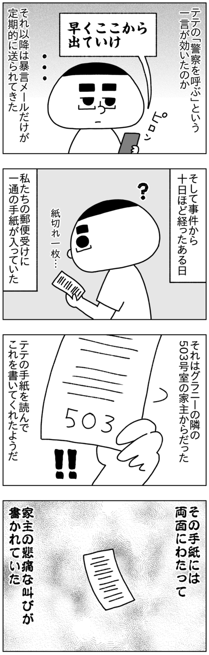 「警察を呼ぶ」と言ったテテの一言が効いたのか、その後うちに来ることはなかったが、暴言メールは続き（毎回宛先に入っている管理組合、とばっちりでかわいそうになってくる）、ついには「早くここから出ていけ」と言い始めた。「出ていってほしくないから努力する」と言っていたのはいったい何だったのか…そして事件から10日ほど経ったある日、一通の手紙が私たちの郵便受けに入っていた。それは503号室の家主からだった。テテの手紙を読んでこれを書いてくれたらしい。手紙には両面にわたって家主の悲痛な叫びが書かれてあった