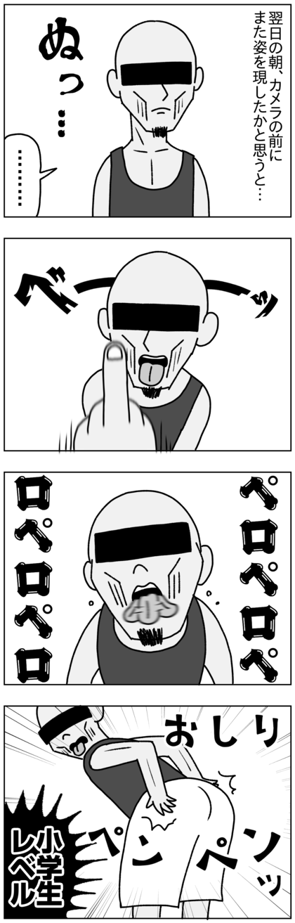 なんと翌日の朝、カメラの前にグラニーが現れ、中指を立てたり、舌を出してペロペロ舐める仕草をしたり、カメラにお尻を向けてペンペン叩いたあと、暴言を吐いて去っていった。挑発が小学生レベルで草
