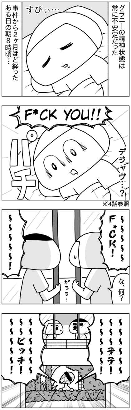 グラニーの精神状態は常に不安定だった。事件から2ヶ月が経った頃の朝8時ごろ、まだ寝ていた私たちはfuck you! と大声で何度も叫ぶ声で目が覚めた。5分ぐらいずっと叫んでいたのだが、内容は支離滅裂で聞き取れず、ただ、テテの名前を呼んでいて、ビッチとも叫んでいて、声の音量からして明らかにベランダからうちに向かって叫んでいた
