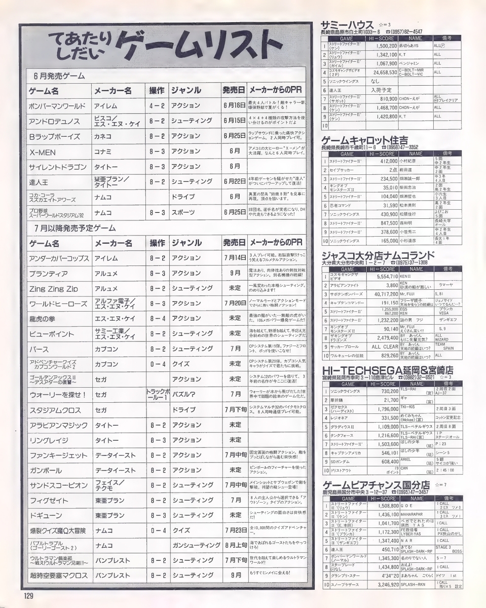 ゲーメスト　1992年9月号〜1993年3月号 月刊GAMEST ゲーメスト 1993年8月号No 96 別冊付録ポスター無し
