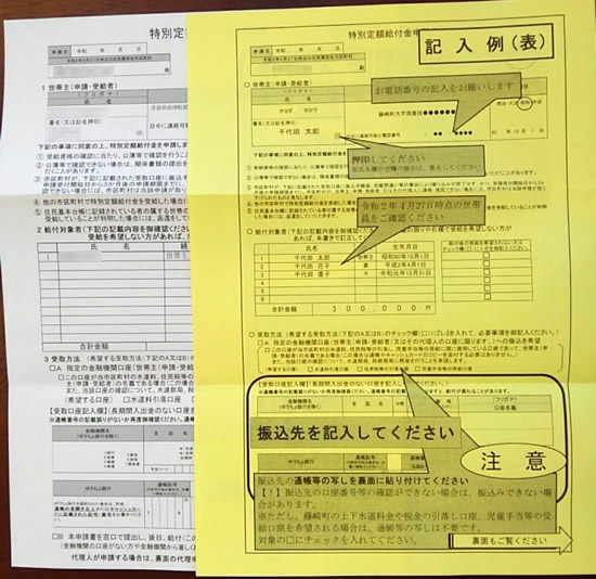 申請書と申請書記入例の用紙の写真