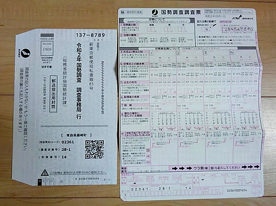 国勢調査の紙の調査票と郵送封筒の写真画像