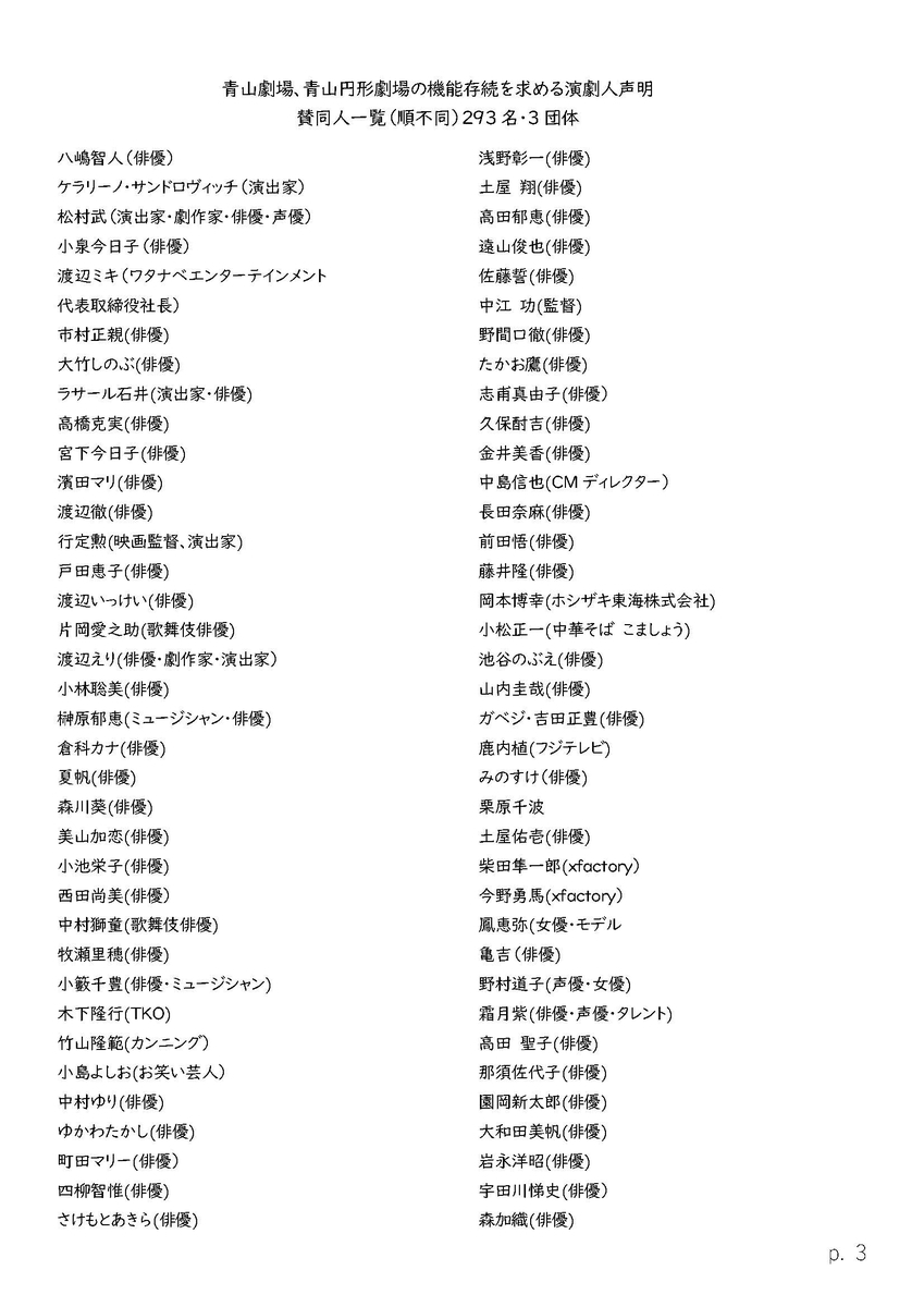 青山劇場 青山円形劇場の機能存続を求める演劇人声明 賛同人一覧 順不同 301名 3団体 青山劇場 青山円形劇場の機能存続を求める演劇人声明
