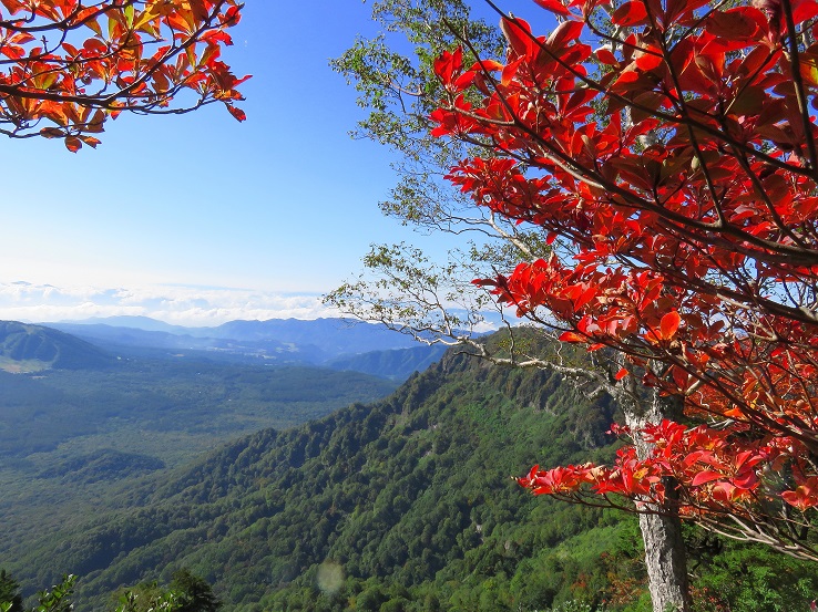 高妻山登山道青空と紅葉